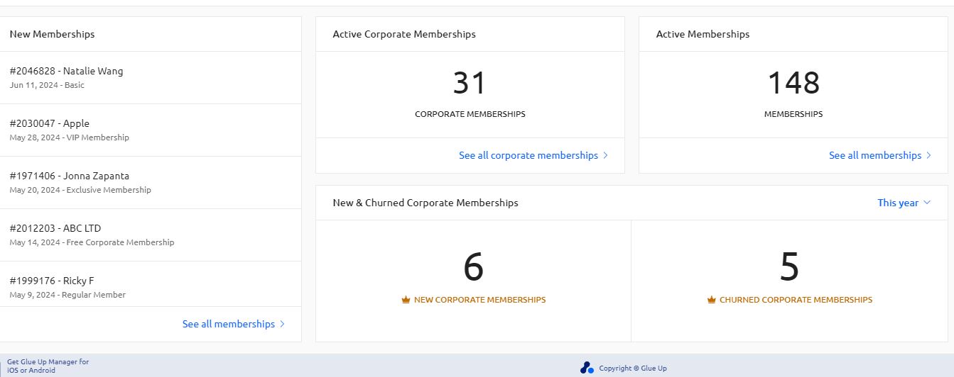 membership dashboard Glue Up