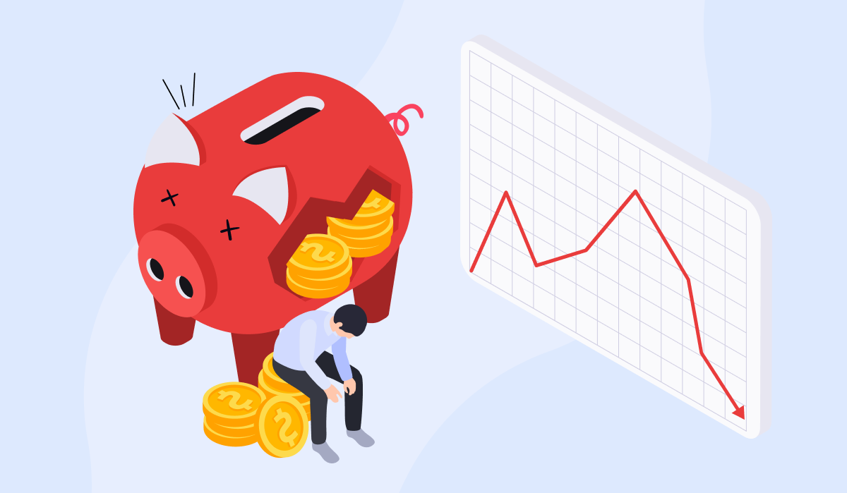 A broken piggy bank spilling coins or an upward graph with a sudden drop—symbolizing revenue loss from poor retention